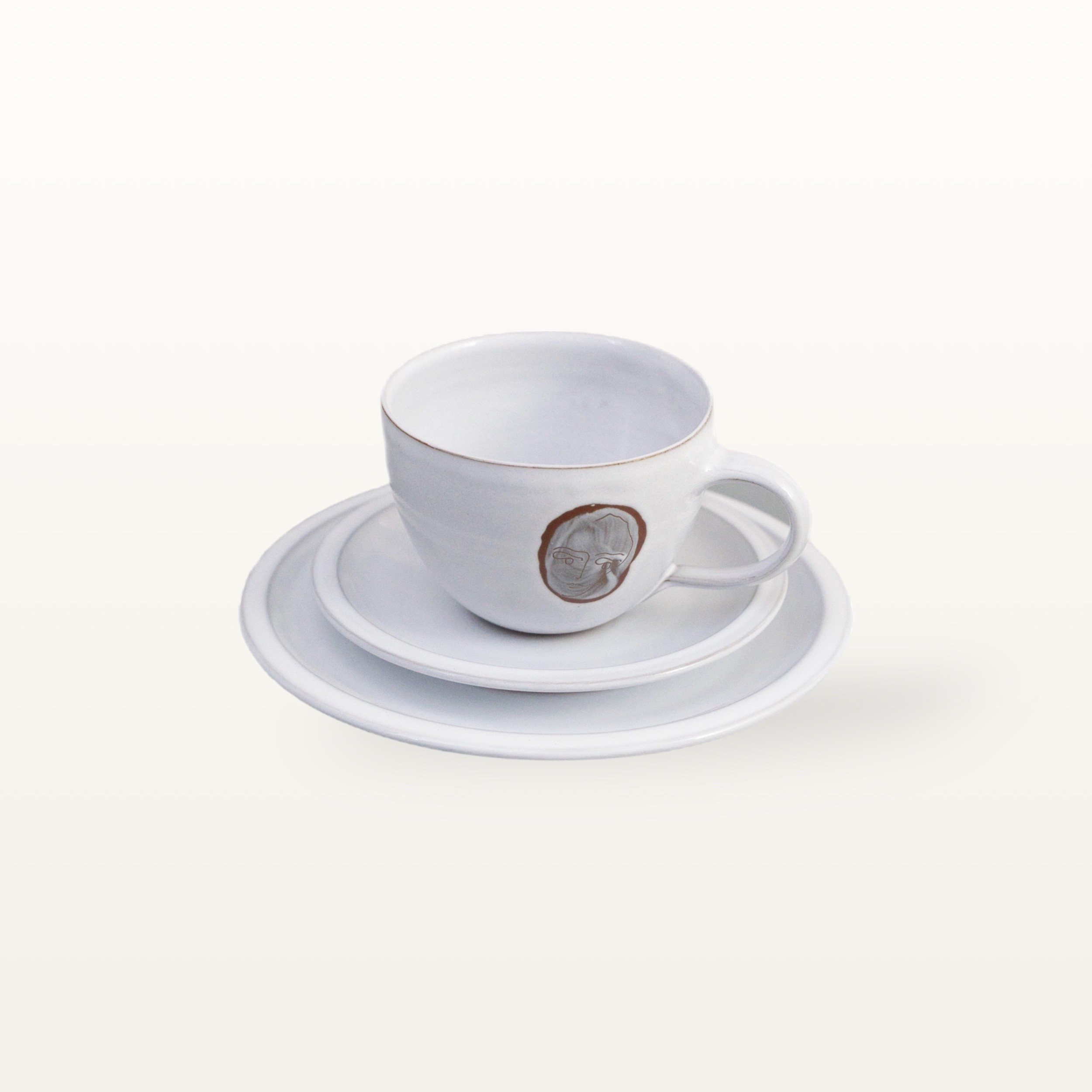Gedeck, Teller, Unterteller, Tasse, "Gesichtspunkte-Frau" 1 Gedeck, Teller, Unterteller, Tasse, "Gesichtspunkte-Frau"