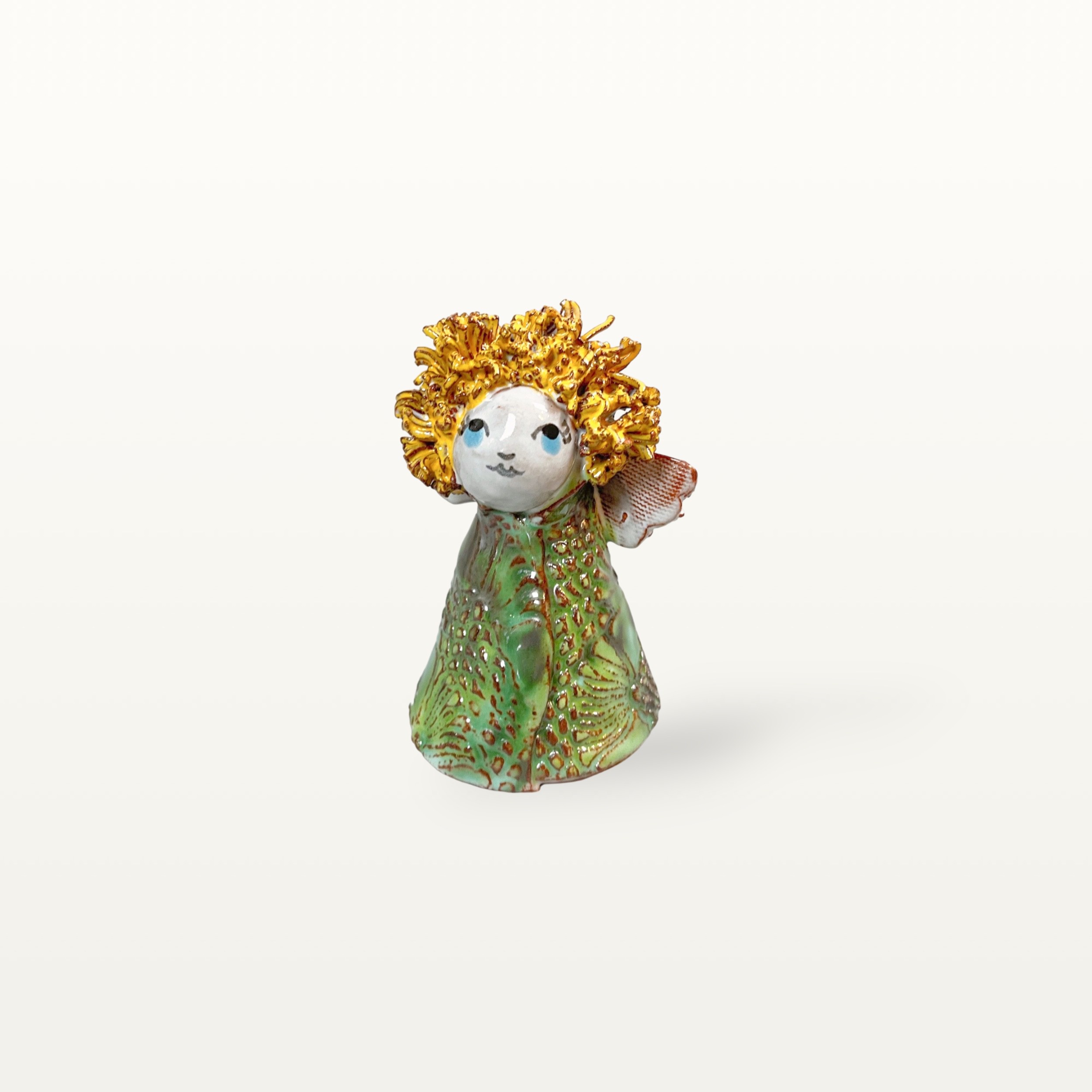 Mittelgroße, grüne Schutzengel Figur aus Keramik 8